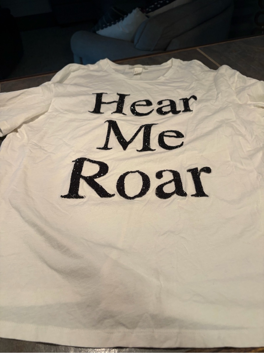 H&M White Short Sleeve Tee with Black elevated Glitter 'Hear Me Roar' - Large